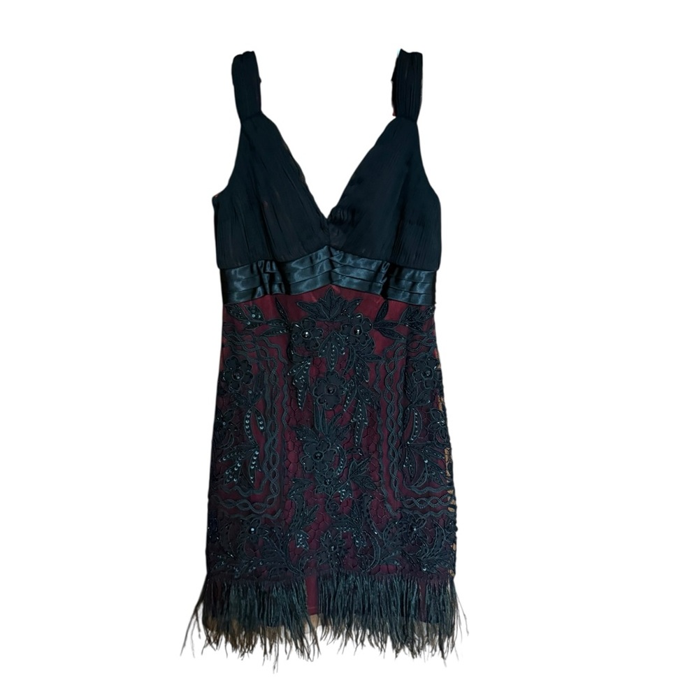 VTG Sue Wong Black & Burgundy Beaded Fringe Ostrich Feather Mini Dress Formal